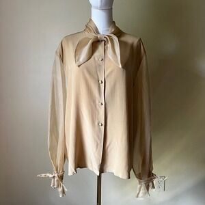 Vintage Talbots 100% Silk Sheer Tie Neck Blouse Size 16 Champagne Beige